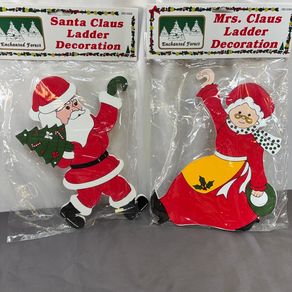 Santa/Mrs. Claus Ladder Decoration Pained Vintage Wooden Enchanted Forest 2 Pc